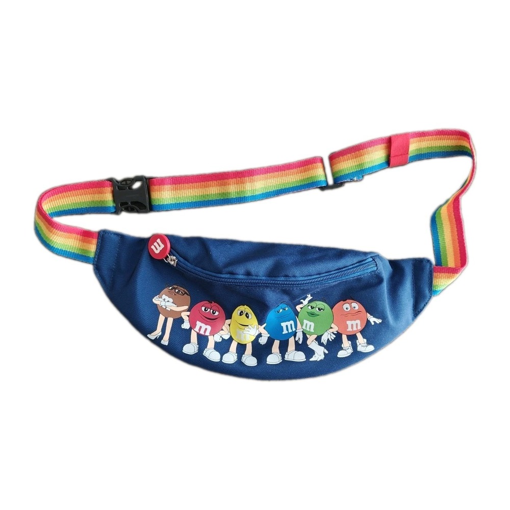 M&M's Fanny Pack Blue Rainbow Strap Character Print Waist Bag Belt Bag